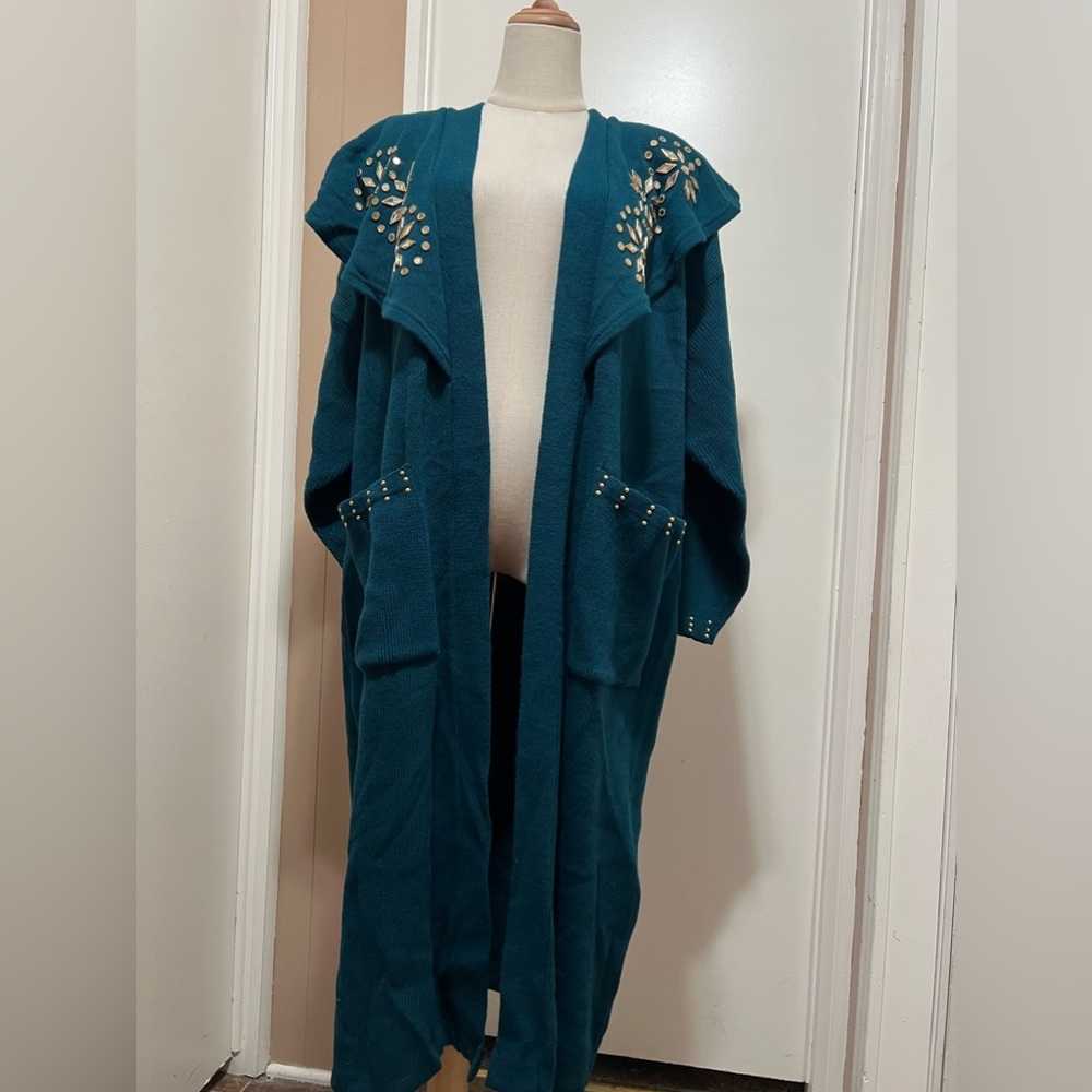 Vintage Sunflower USA Long Sweater Coat Women One Size Open Front Embellished